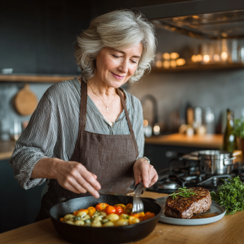 Літня пара готує здорову їжу разом на кухні